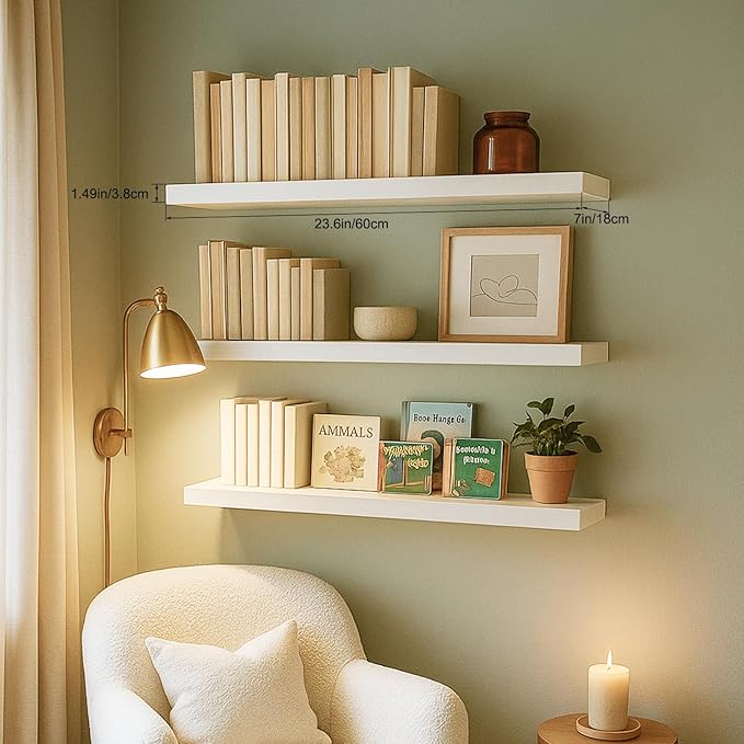 Floating Shelves for Wall, Bathroom Shelves Over Toilet, Wall Shelves & Book Shelf for Room, Hanging Shelf, Modern Wooden Mounted Floating Shelves, 24x7x1.5 in (White, Set of 3)