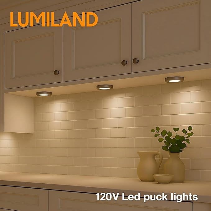 LUMILAND Wired LED Puck Lights (2.7Wx3) Plug-in Lighting Natural White (4000K), LED Cabinet Light for Kitchen Can Be Surface Mount or Recess Mount, Satin Nickle