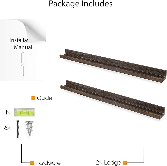 Rustic State Ted 36" Wall Mount Narrow Wood Picture Ledge Shelf Photo Frame Display - Floating Shelves for Living Room Office Kitchen Bedroom Bathroom Décor - Torched Brown - Set of 2
