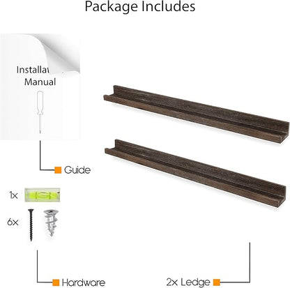 Rustic State Ted 36" Wall Mount Narrow Wood Picture Ledge Shelf Photo Frame Display - Floating Shelves for Living Room Office Kitchen Bedroom Bathroom Décor - Torched Brown - Set of 2