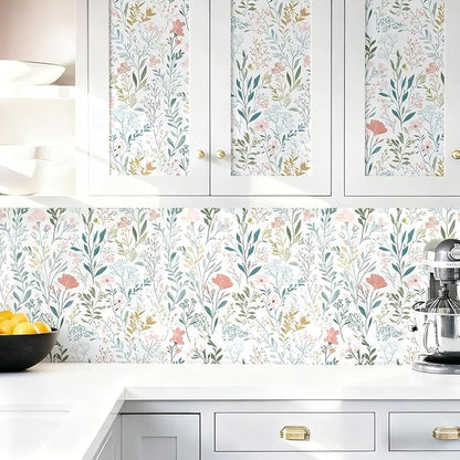 Floral Peel and Stick Wallpaper Boho Floral Contact Paper 16.9" x 196.8" Modern Wildflower Self Adhesive Wallpaper for Bathroom Flower Decorative Removable Wall Paper for Bedroom Cabinets