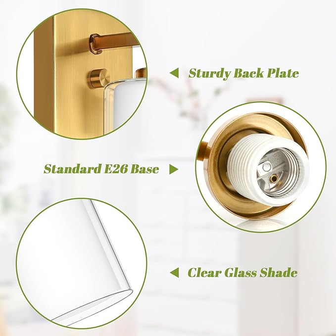 VerRon Set of 2 Wall Sconces for Bathroom, Modern Vanity Light Fixtures, Gold Wall Mount Lighting Lanterns, Farmhouse Wall Lights with Double Clear Glass Shade for Bedroom Living Room Mirror Hallway