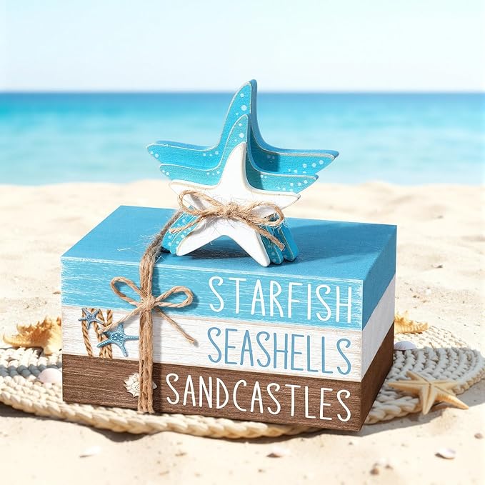 Geelin 4 Pcs Summer Beach Tiered Tray Decor Wooden Book Stack Signs, Starfish Seashell Coastal Nautical Table Centerpiece for Shelf Coffee Bar Home Kitchen Beach House Decorations