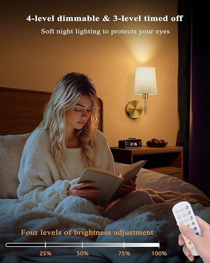 Ouyulong Battery Operated Wall Sconces Set of 2, Wireless Rechargeable Dimmable Wall Light with RGB Bulb and Remote for Bedroom, Living Room, Hallway (Gold)