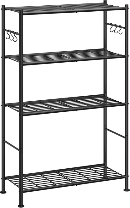 Storage Shelves - 4-Tier Spacious Shelf Organizer with Hooks & Leveling Feet, Easy to Assemble, Rust-Resistant Garage Shelving for Kitchen, Pantry, Bedroom, 33.2" x 12.7" x 57.3", Black