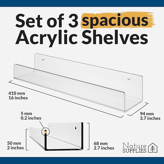 NATURE SUPPLIES Acrylic Bookshelf, Set of 3, 16" Clear Floating Shelves, Modern and Durable Nursery Wall Display for Books and Toys, Stylish Acrylic Shelving for Home or Office Décor
