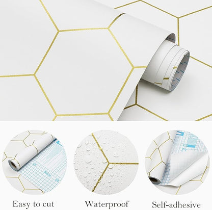 Peel and Stick Wallpaper Gold Geometric White Hexagon Wallpaper Contact Paper 17.3”×78.7”Self Adhesive Wallpapers Removable for Bedroom Decorative Shelf Drawer Liner Roll Waterproof