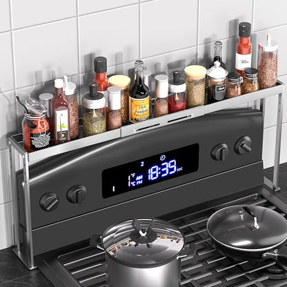 Stove Top Shelf - Adjustable Oven Shelf for Top of Stove for 27-33inch, Kitchen Spice Organizer, Silver