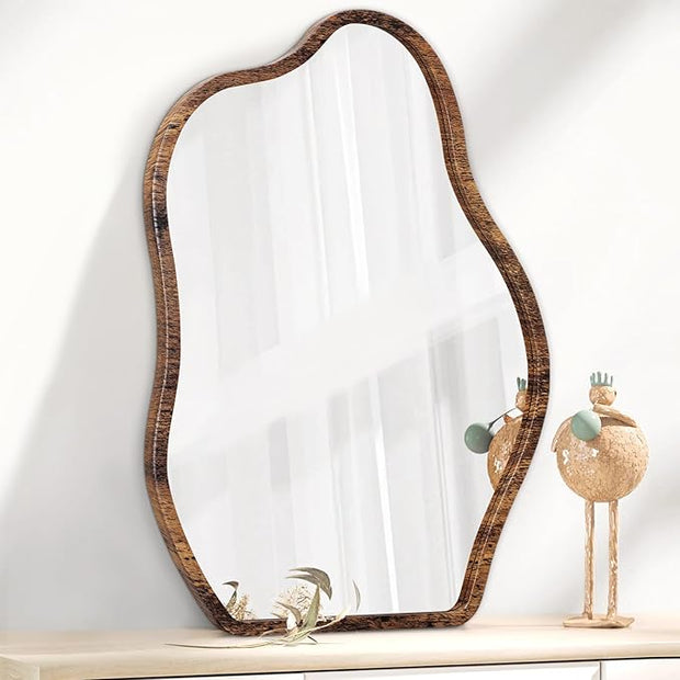 Small Asymmetrical Irregular Wall Mirror Wood Frame Mirror Unique Modern Wall-Mounted Artistic Cloud Shape Mirror Decor for Bathroom Bedroom Living Room Entryway Hallway Vanity