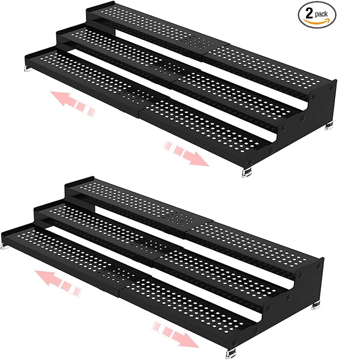 3-Tier Expandable Metal Spice Rack Organizer for Cabinet & Pantry, Adjustable 12.8-24" Heavy Duty Step Shelf for Kitchen Countertop, Spices, Perfumes & Mini Figures, Non-Slip(BLACK,2PACK)