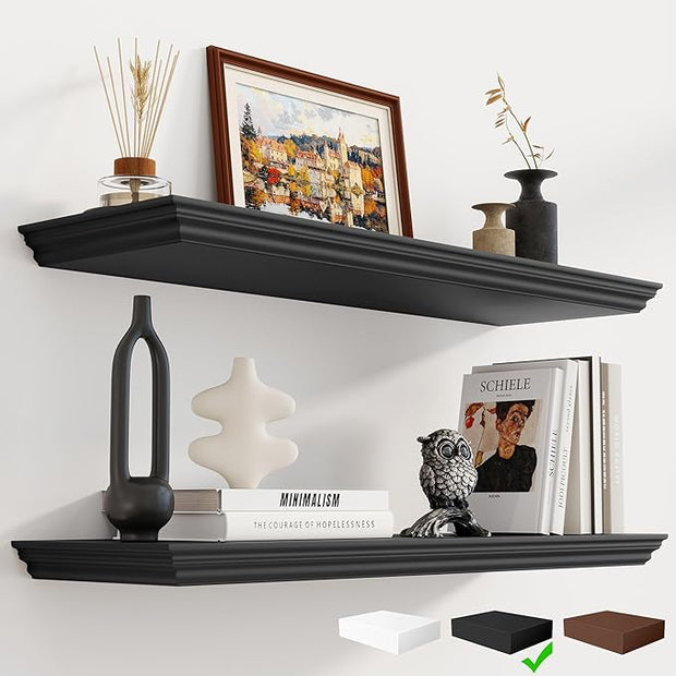 Fun Memories Floating Shelves 32 Inch Long, 9.3 Inch Deep Classic Crown Molding Floating Shelves for Wall, Rustic Wooden Shelves for Wall Decor Bathroom, Kitchen, Office, (Black, 2Pack)