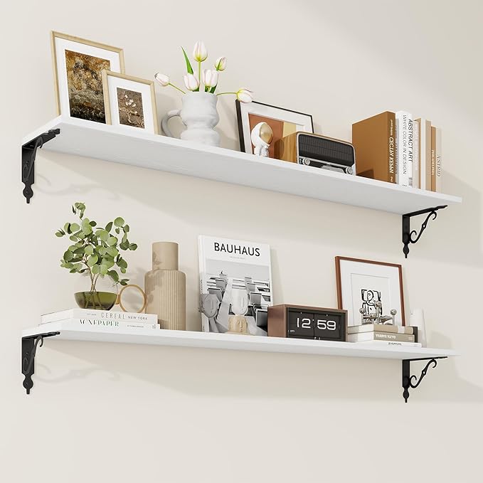 RICHFOCUS Floating Shelves for Wall Decor, 47.3W x 8D Shelves Set of 2, 8 Inch Deep Rustic Wood Shelves Wall Mounted with Brackets, Long Floating Shelves for Living Room Bedroom Kitchen, White