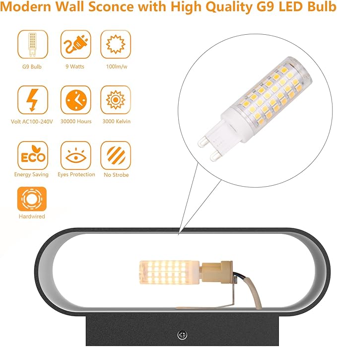 Aipsun Black Modern LED Wall Sconces Set of 2 Indoor Wall Lights Hardwired Up and Down Wall Mount Light for Living Room Bedroom Hallway Corridor Conservatory Warm White 3000K(with G9 Bulbs)