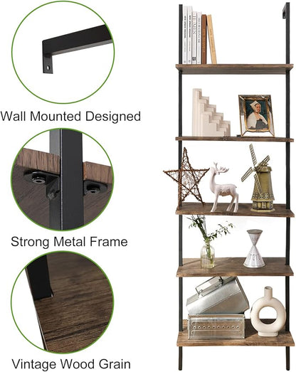 aboxoo Ladder Shelf Open Bookshelf 5-tier Wood Wall-mounted Bookcase Storage Rack Open Back Industrial Modern Plant Flower Stand Utility Organizer Bookcase Metal Frame Furniture Office Kitchen Bedroom