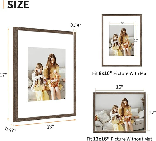 ATOBART 12x16 Picture Frame Set of 4, Displays 8x10 with Mat or 12x16 Without Mat, Photo Frames for Wall Hanging or Tabletop, Includes HD Plexiglass, Brown
