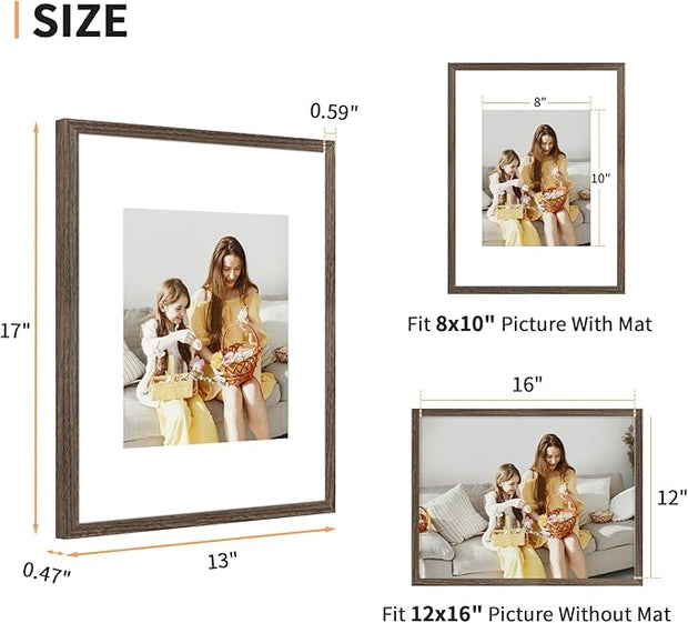 ATOBART 12x16 Picture Frame Set of 4, Displays 8x10 with Mat or 12x16 Without Mat, Photo Frames for Wall Hanging or Tabletop, Includes HD Plexiglass, Brown