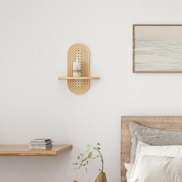 Wooden Arched Floating Shelf - Boho Decor Wall-Mouted Shelves Book Display Rattan Shelf for Bedroom Living Room Bathroom Nursery Home Office 14.5" x 11.6"