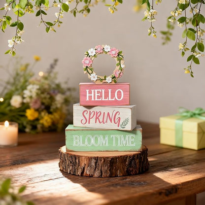 Spring Decoration Wooden Tiered Tray Decor – Rustic Hello Spring Bloom Time Stacked Block Sign with Floral Wreath Topper – Farmhouse Tabletop Spring Decor for Living Room Shelf Kitchen Coffee Bar Entryway Seasonal Home Display