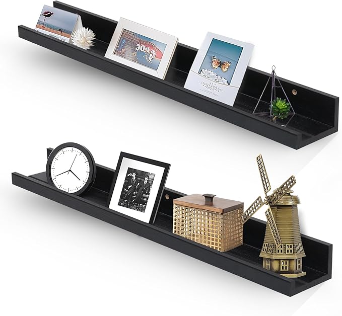 Muzilife 35.4" Large Floating Wall Ledge Shelves with Lip - Set of 2 Wood Floating Shelves - Black Wall Mounted Picture Ledge for Office, Bathroom, Bedroom, Living Room, Kitchen
