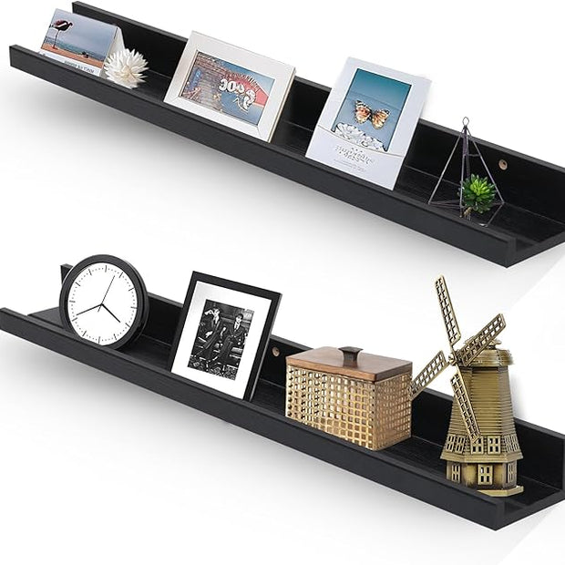 Muzilife 35.4" Large Floating Wall Ledge Shelves with Lip - Set of 2 Wood Floating Shelves - Black Wall Mounted Picture Ledge for Office, Bathroom, Bedroom, Living Room, Kitchen