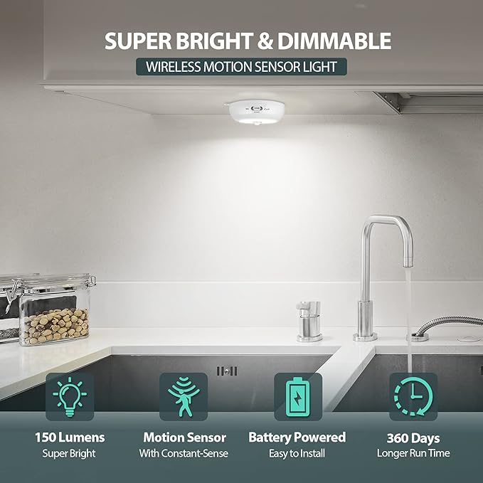 Motion Sensor Light Indoor, Under Cabinet Light, Ceiling Lights, AA Battery Operated Stick on Wireless Puck Lights for Wall, Step, Stair, Dimmable (6 Pack)