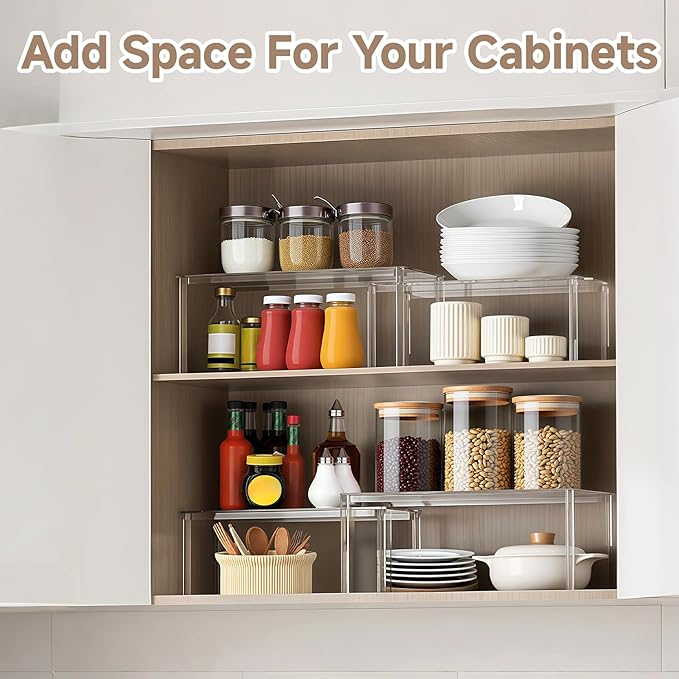 Clear Kitchen Cabinet Organizer, Set of 4 Stackable Spice Rack, Acrylic Shelves for Pantry Organizers and Storage, Tiered Spice Organization for Cabinet, Shelf Organizer for Desk Countertop
