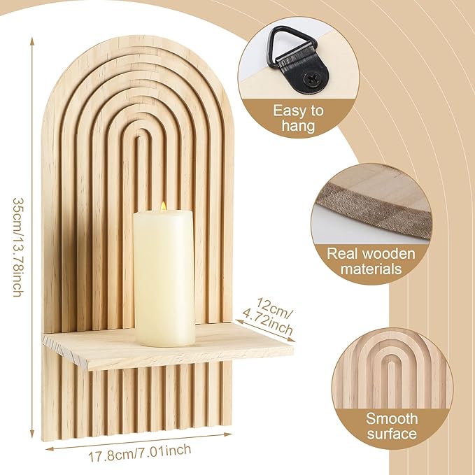 Tatuo 2 Pieces Boho Wall Shelf Decor Floating Arched Shelves for Wall Small Wooden Hanging Holder for Living Room Bathroom Bedroom Office Nursery Decoration