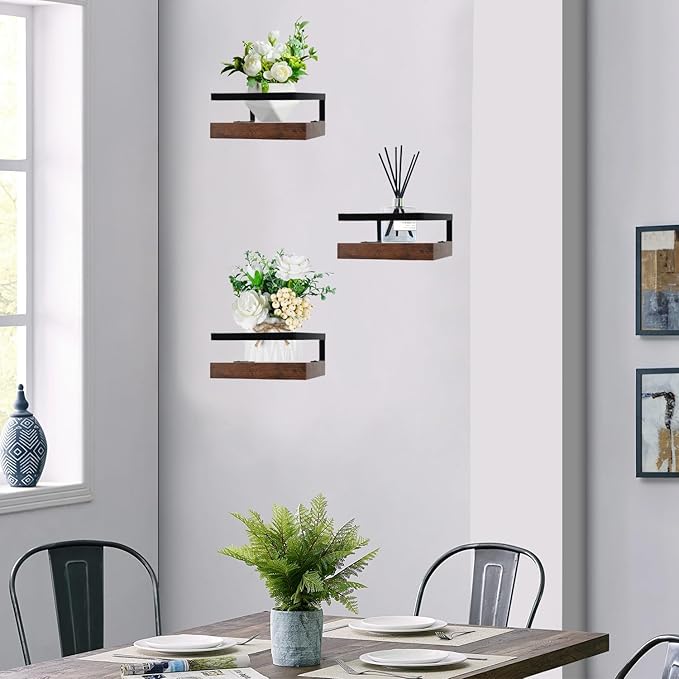 ARTORA Wall Mounted Plant Holder, Wooden Floating Shelf with Invisible Bracket Wall Mount Wood Rack Small Decorative Display Shelves with Gaurdrail for Bedroom Living Room Bathroom (Brown, 1 Pack)