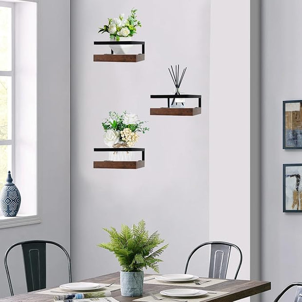 ARTORA Wall Mounted Plant Holder, Wooden Floating Shelf with Invisible Bracket Wall Mount Wood Rack Small Decorative Display Shelves with Gaurdrail for Bedroom Living Room Bathroom (Brown, 1 Pack)