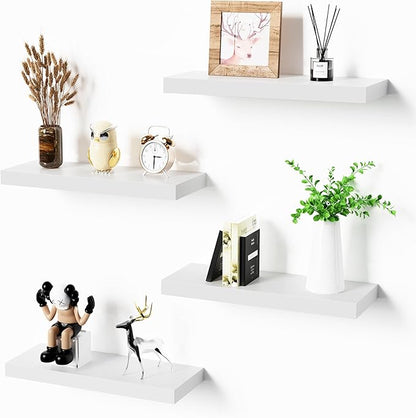 Bellsal Floating Shelves for Wall, White Engineered Wood Wall Shelf Set of 4, 16" Wall Mounted Floating Shelf for Kitchen, Living Room, Bedroom, Bathroom Storage, Book Shelf for Walls Home Decor