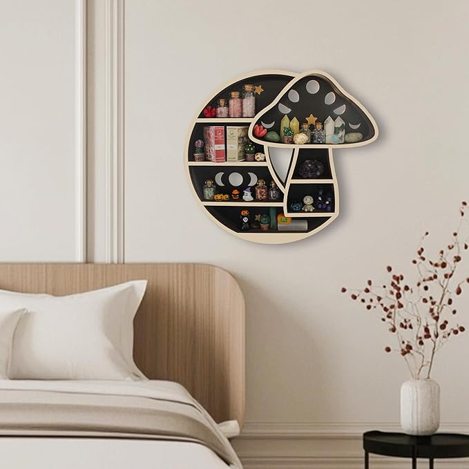 Cute Mushroom Decor, Wooden Mushroom Floating Shelves for Wall, Moon Shelf Wall Decor Crystal Rock Gem Stone Display Shelf, Trinket Knick Knack Shelf, Mushroom Gifts for Mushroom Lovers
