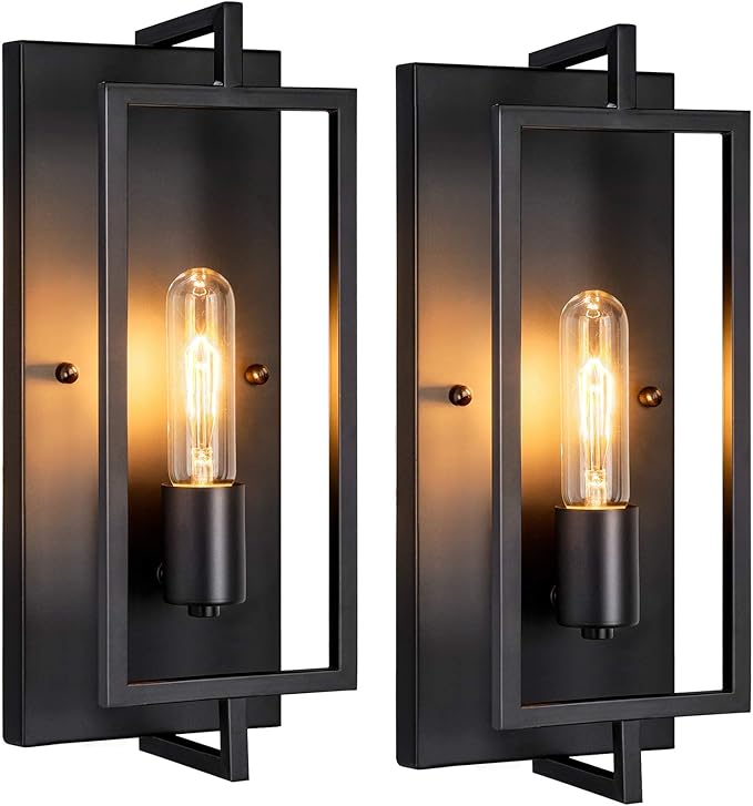 Industrial Wall Sconces Set of 2, Vintage Light Fixture Large, E26 Base, Matte Black Metal Wall Mount Lamp, Modern Indoor Lighting Hardwired