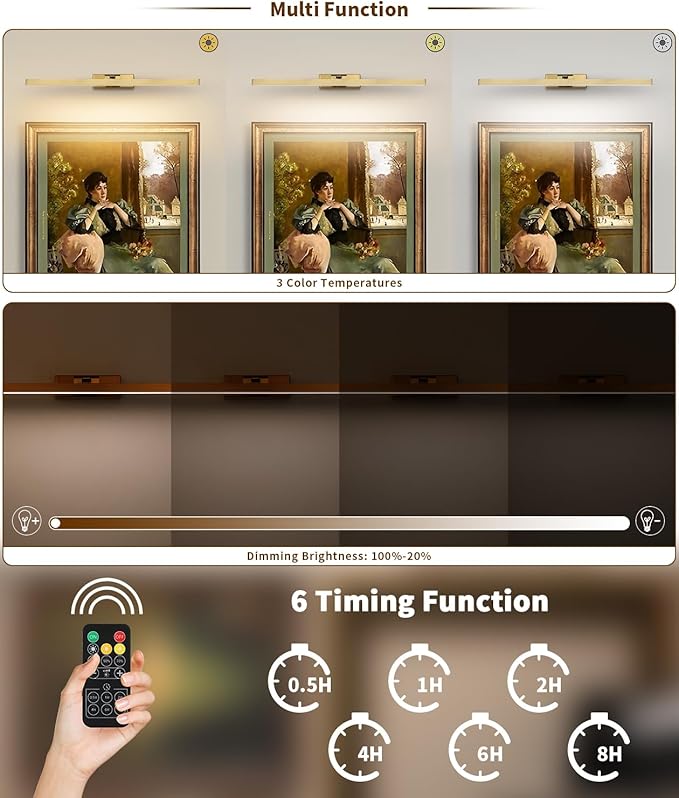 Joosenhouse Battery Operated Picture Light, Wireless Gallery Light with Remote Control and Dimmable Timer Off Function, Rechargeable Painting Art Light, 23.23 Inch Brass Wall Sconce