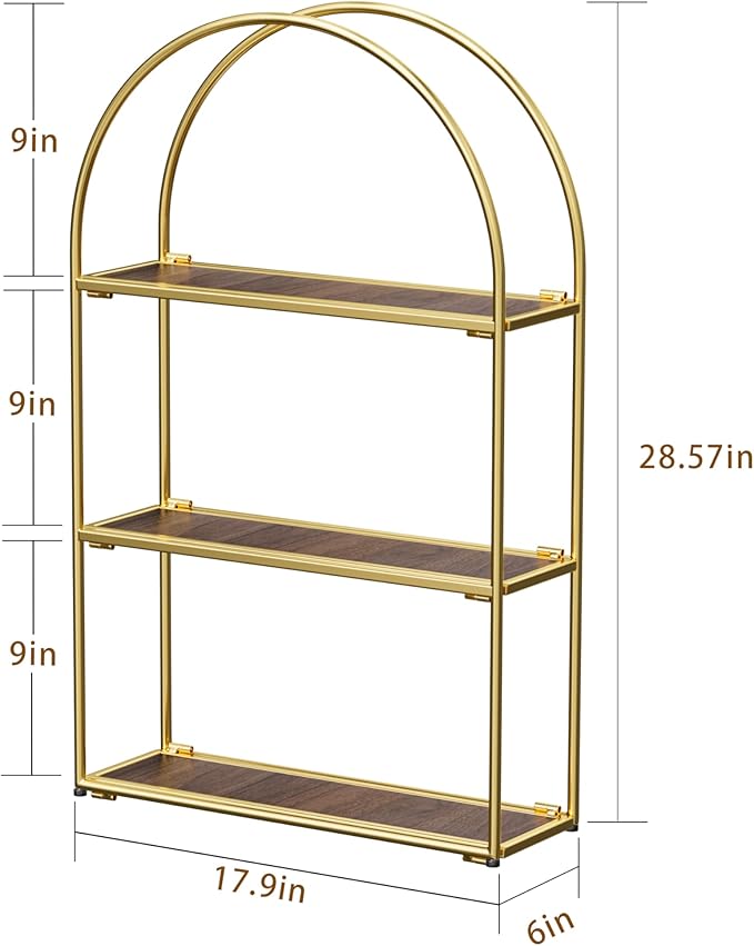 Crofy Gold Arched Frame Wall Shelf, Decorative 3 Tier Bathroom Wall Shelf with Walnut Finish Shelves and Robust Storage Capacity, 6