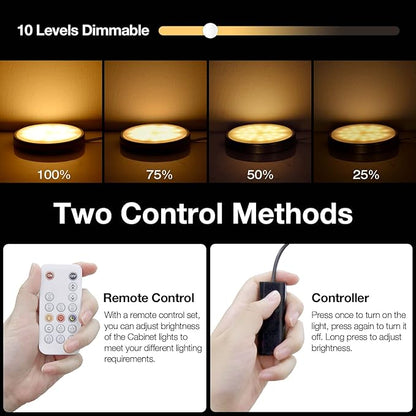WOBANE LED Under Cabinet Lights, Black Puck Lights, 9W 700Lumens, Remote Control, Dimmable Counter Lighting for Kitchen, Closet, Shelf, 2700K Warm White,Super Bright,Timing, Ultra Thin, Set of 4