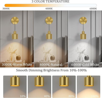 Battery Operated Wall Sconces Set of 2,Gold Wireless Wall Light Indoor Dimmable 3 Colors Non Hardwired with Remote Control(Bulbs Include)