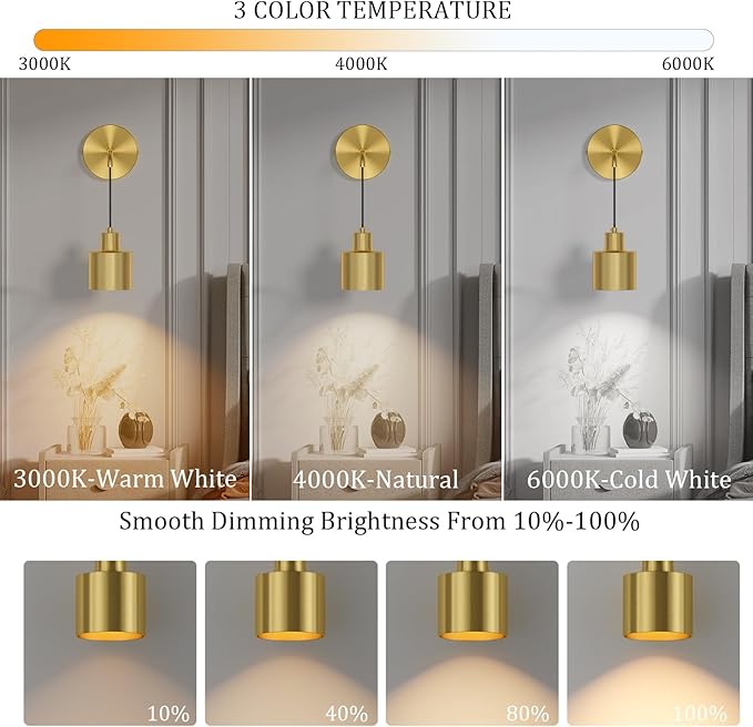 Battery Operated Wall Sconces Set of 2,Gold Wireless Wall Light Indoor Dimmable 3 Colors Non Hardwired with Remote Control(Bulbs Include)