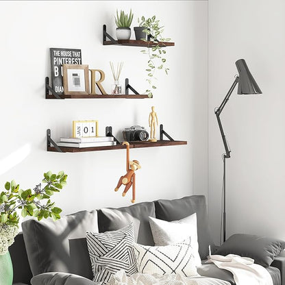 YGEOMER Floating Shelves for Wall, Different Sizes Dark Carbonized Pine Wall Shelves for Living Room, Bathroom, Bedroom, Kitchen, Home Decor (Set of 4)