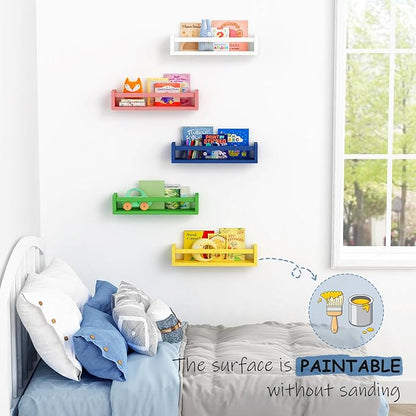 Walnut Brown Nursery Book Shelves Wall Mounted, Wooden Floating Bookshelf for Kids Room Bedroom, Dark Wood Nursery Bookshelves for Kitchen Classroom Playroom (Solid Pine, 3-Pack)