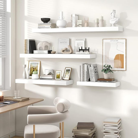 Heimlove Floating Shelves for Wall 48 Inch Long,Extra Large and Thick Wood Shelves Mounted Storage Hanging Shelf Invisible Bracket for Bedroom,Living Room,Kitchen,Office,Set of 2,White