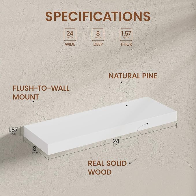 Heimlove 24 Inch Floating Shelves for Wall White Shelves Set of 2,Wall Mounted Rustic Wood 8 Inch Deep Floating Shelf with Invisible Brackets for Bedroom Kitchen Living Room