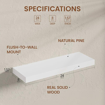 Heimlove 24 Inch Floating Shelves for Wall White Shelves Set of 2,Wall Mounted Rustic Wood 8 Inch Deep Floating Shelf with Invisible Brackets for Bedroom Kitchen Living Room