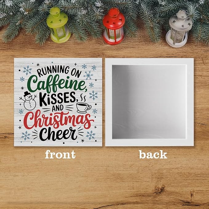 Christmas Coffee Decor Christmas Sign Coffee Bar Station Decorations for Home Running On Caffeine Kisses Sign for Home Office Desk Table Cubicle Shelf Xmas Desk Accessories 5 x 5 inch