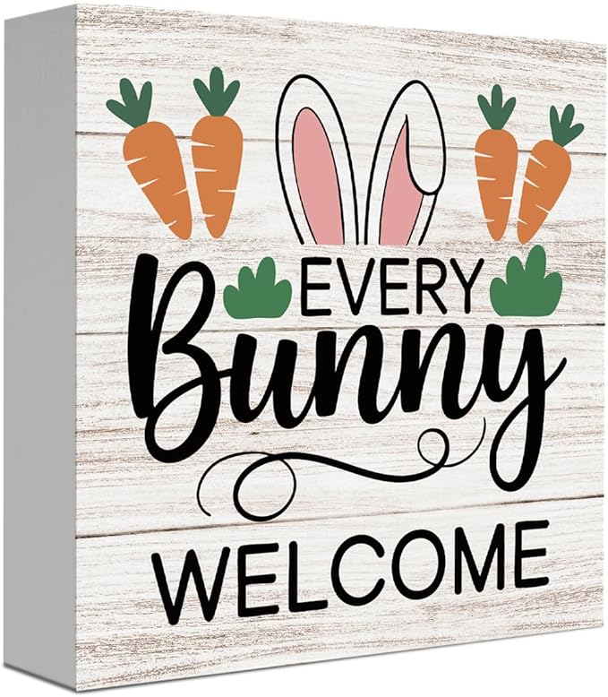 Easter Bunny Sign Decor Spring Easter Bunny Carrot Table Decorations Decor Indoor for Home Office Desk Table Shelf Tiered Tray Every Bunnys Welcome Wooden Sign 5 X 5 Inch