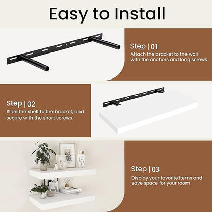 Fun Memories Rustic Floating Shelves for Home Decor, 8 Inch Deep Floating Shelf, Solid Wood Floating Wall Shelves 24 Inch Long, Deep Wall Shelves for Bathroom, Living Room, White Finsh, Set of 2