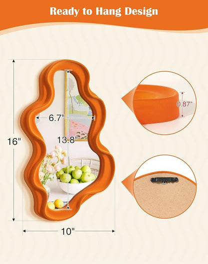 Small Decorative Mirror for Girly Bedroom Dresser Decor, Vivid Abstract Wavy Wall Mirrors for Home Aesthetic Book Coffee Shop Hotel Decoration, Unique Gift for Birthday Thanksgiving (Orange)