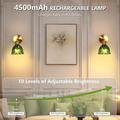 Vintage Battery Operated Wall Sconce with Green Ripple Glass Lampshade Rechargeable Battery Powered Wall Light with Remote Control for Bedside Bedroom Bathroom, Set of 1