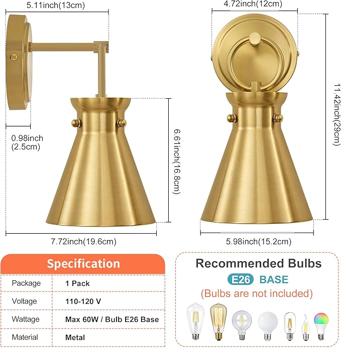 Gold Wall Sconce for Bathroom, Modern Vanity Light Fixtures, Wall Mount Lighting Farmhouse Wall Lights with 6 Inch Metal Lampshade for Bedroom Living Room Mirror Kitchen (Gold Metal, 1 Pack)