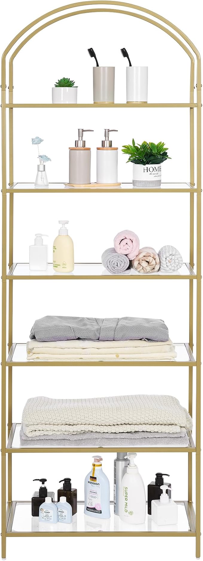 Homhedy Bookshelf Arched Display Racks,Metal Bookcase,Tempered Glass Shelves,Storage Rack Shelf for Home Office,Living Room,Bedroom, Bathroom,Modern Style (Golden, 11.8