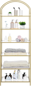 Homhedy Bookshelf Arched Display Racks,Metal Bookcase,Tempered Glass Shelves,Storage Rack Shelf for Home Office,Living Room,Bedroom, Bathroom,Modern Style (Golden, 11.8